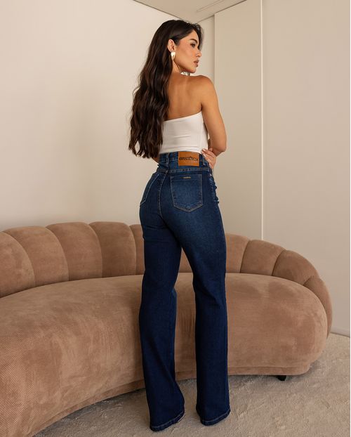 Calça Jeans Wide Leg Feminina Cintura Alta 28021 Escura