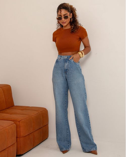 Calça Jeans Wide Leg Feminina Cintura Alta Básica Algodão 29000 Sky com Used