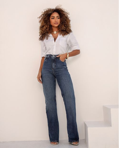 Calça Jeans Wide Leg Feminina Cintura Alta Básica Algodão 23225 Sujinha