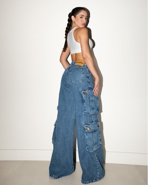 Calça Jeans Wide Leg Feminina Relaxed Cargo 24805 Sky