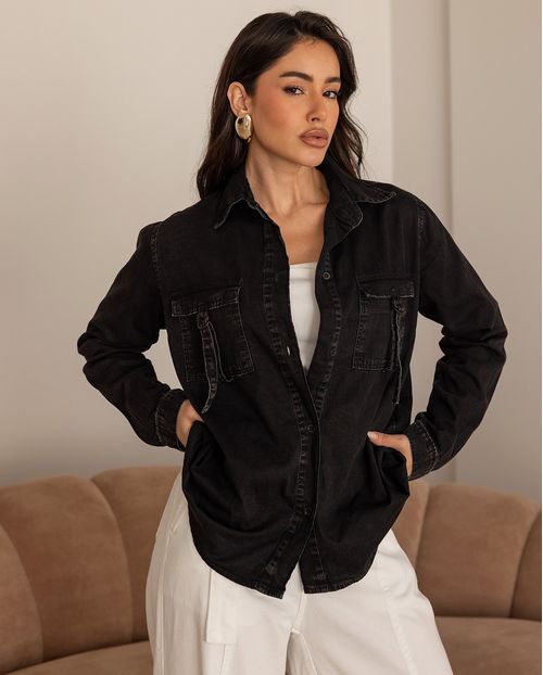 Camisa Jeans Feminina Oversize 24721 Preto