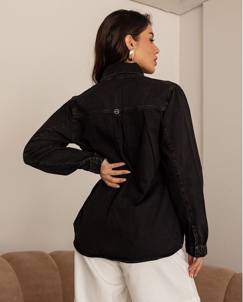 Camisa Jeans Feminina Oversize 24721 Preto