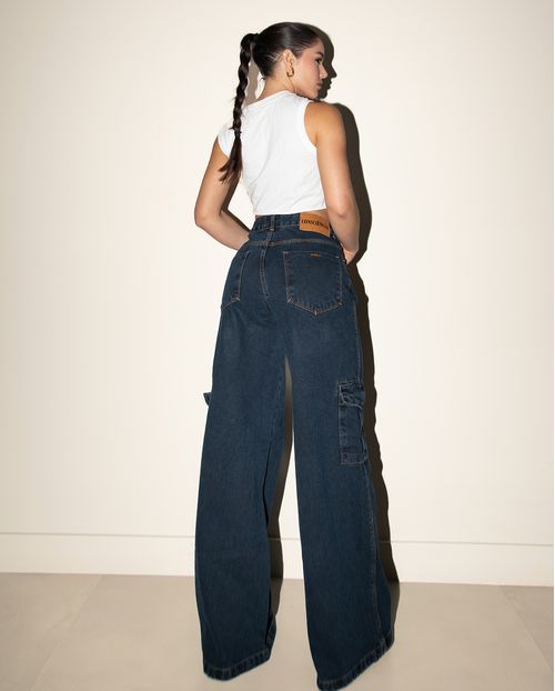 Calça Jeans Wide Leg Feminina Cargo Relaxed Cintura Baixa 29214 Black Blue