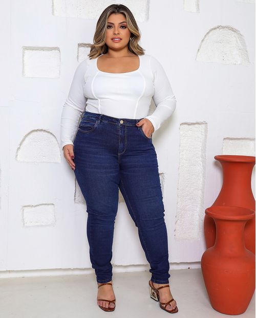 Calça Jeans Skinny Feminina Cintura Alta Plus Size 24864 Amaciado com Bigode