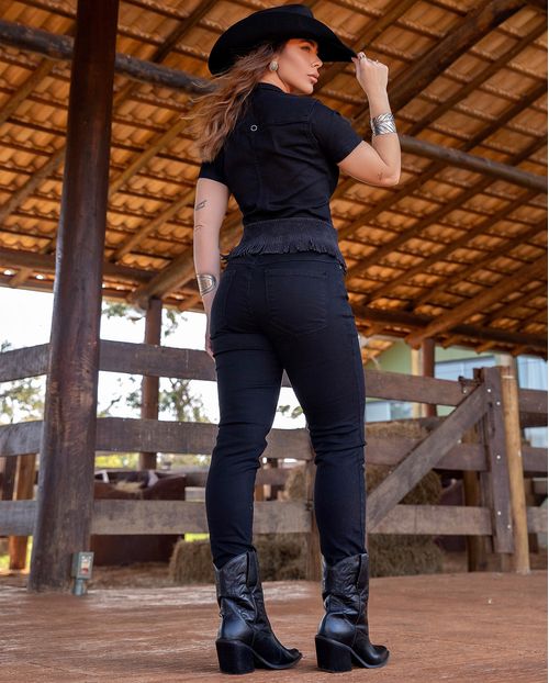 Macacão Jeans Black Skinny Feminino Básico 23681 Preto