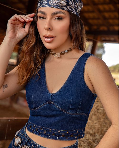 Top Jeans Feminino com Aplicação 24819 Escura