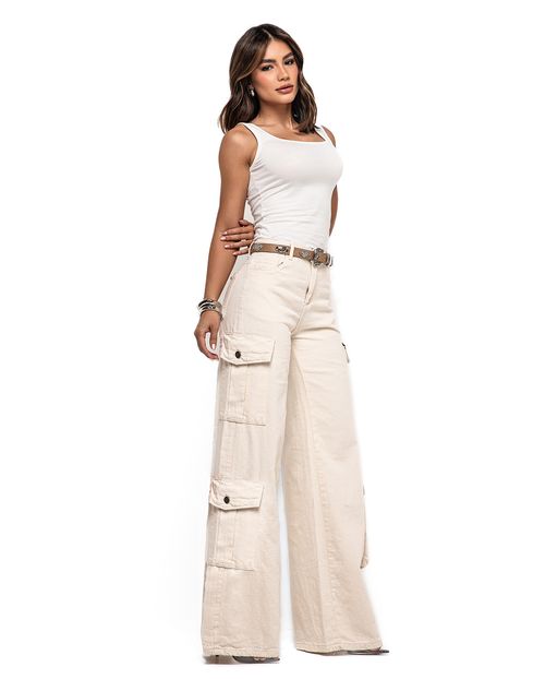 Calça Jeans Wide Leg Feminina Cargo 24757 Off White
