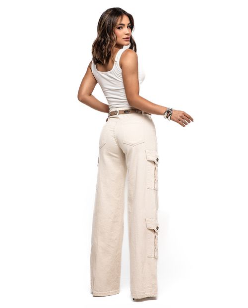 Calça Jeans Wide Leg Feminina Cargo 24757 Off White