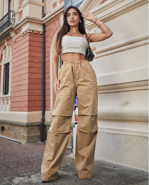 Calça Feminina Wide Leg Parachute com Reguladores de Elástico No Cós  22968 Caqui