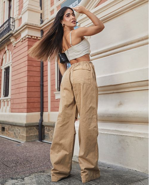 Calça Feminina Wide Leg Parachute com Reguladores de Elástico No Cós  22968 Caqui