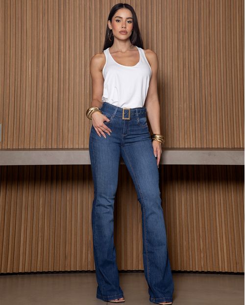 Calça Jeans Flare Feminina com Cinto 24907 Sky Escuro