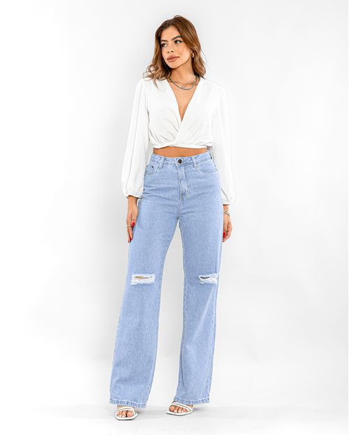 Calça Jeans Wide Leg Feminina Cintura Alta Elastano Rasgo No Joelho 28001 Clara