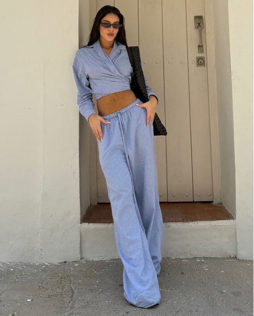 Calça Wide Leg Feminina  com Elástico No Cós 24899 Azul Celeste