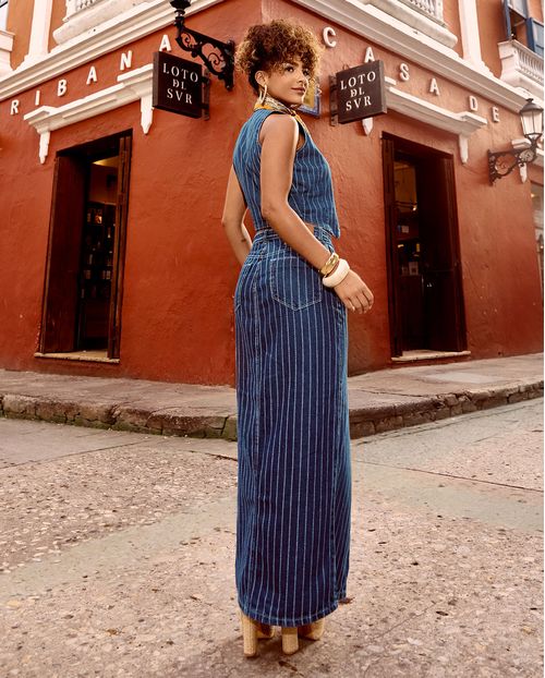 Saia Jeans Longa Feminina Risca de Giz 24922 Escura