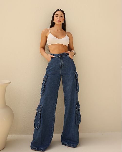 Calça Jeans Wide Leg Feminina Relaxed Cargo 24883 Escura