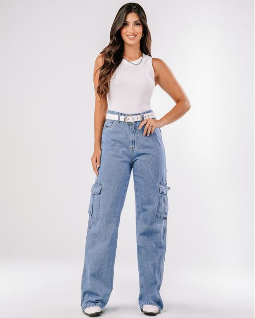 Calça Jeans Wide Leg Feminina Cintura Alta com Bolso Cargo 22186 Sky Claro