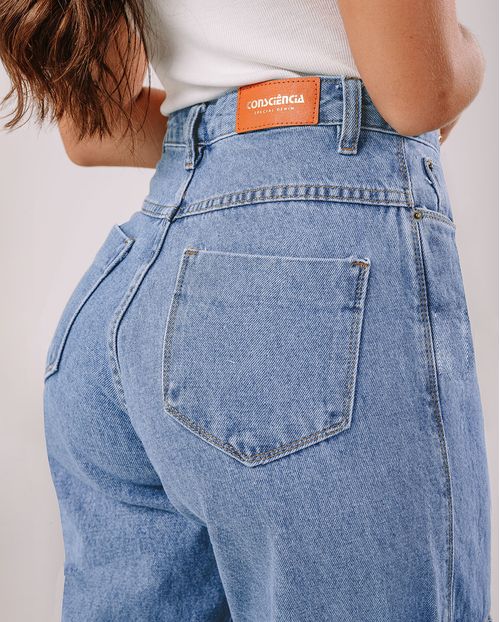 Calça Jeans Wide Leg Feminina Cintura Alta com Bolso Cargo 22186 Sky Claro