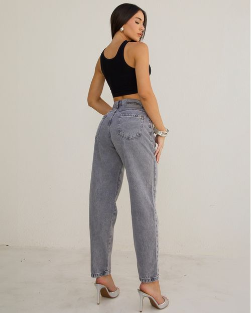 Calça Jeans Mom Feminina Básica Cintura Alta 00134 Cinza