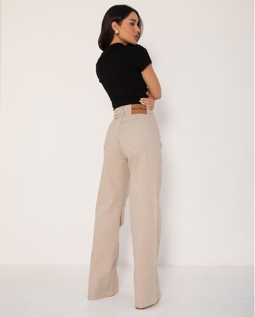 Calça Jeans Wide Leg Feminina Cintura Alta Básica com Elastano 28000 Bege
