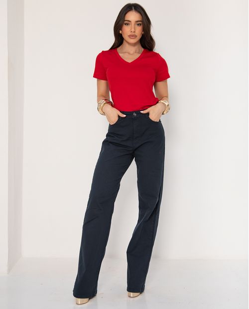 Calça Jeans Wide Leg Feminina Cintura Alta Básica com Elastano 28000 Azul Marinho