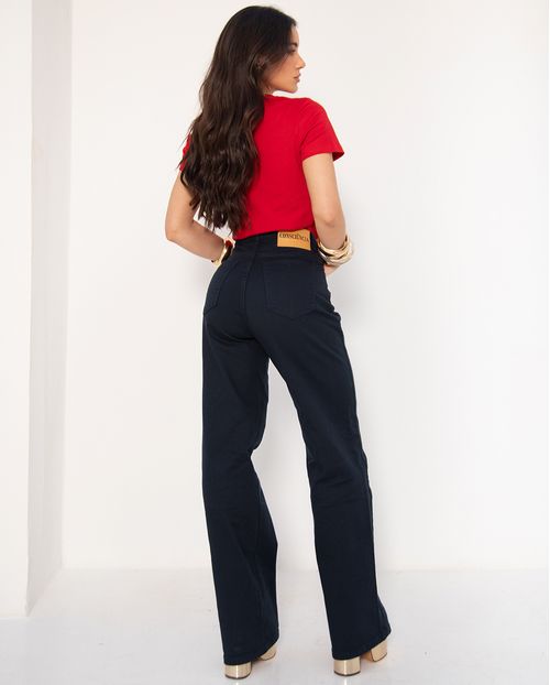 Calça Jeans Wide Leg Feminina Cintura Alta Básica com Elastano 28000 Azul Marinho