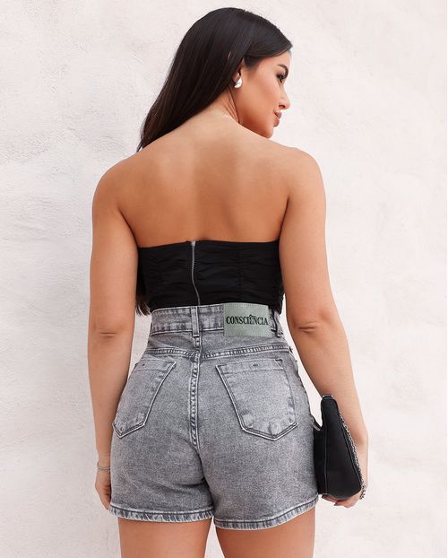 Shorts Jeans Mom Feminino Cintura Alta 24999 Cinza