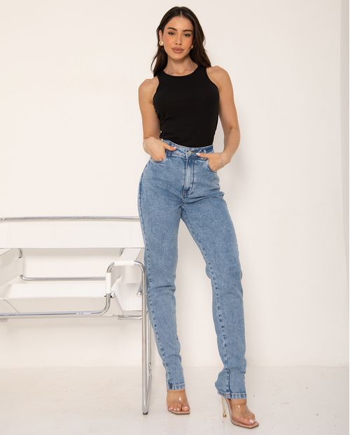 Calça Jeans Mom Feminina Cintura Alta Básica com Elastano 00201 Sky Claro