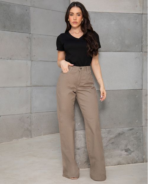 Calça Jeans Wide Leg Feminina Cintura Alta Básica com Elastano 28000 Caqui