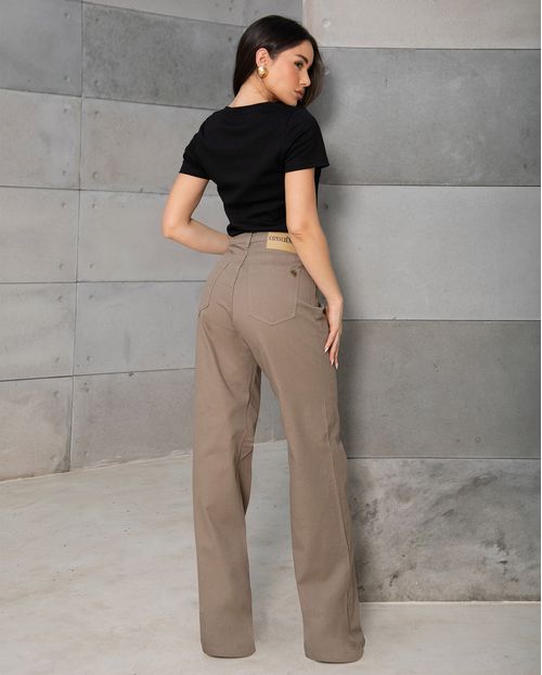 Calça Jeans Wide Leg Feminina Cintura Alta Básica com Elastano 28000 Caqui