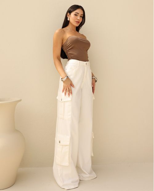 Calça Jeans Wide Leg Feminina Cargo 24729 Off White