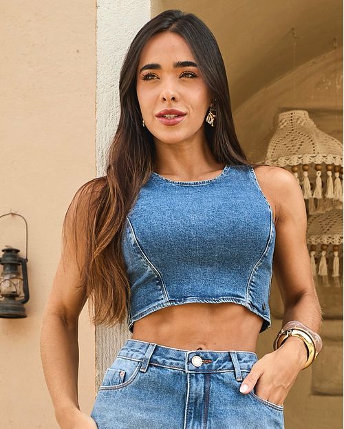 Top Jeans Regata com Ziper Nas Costas  23101 Média