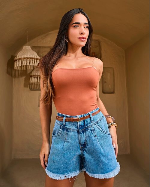 Shorts Jeans Mom Feminino com Cinto P.U 24408 Sky Médio