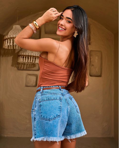 Shorts Jeans Mom Feminino com Cinto P.U 24408 Sky Médio