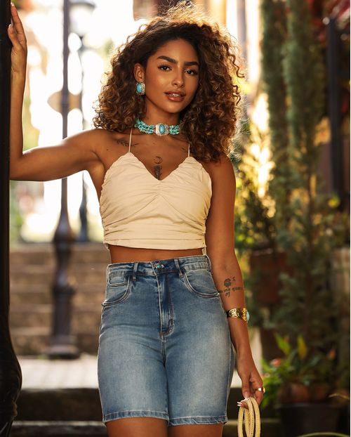 Bermuda Jeans Feminina Meia Coxa 24991 Sky Médio