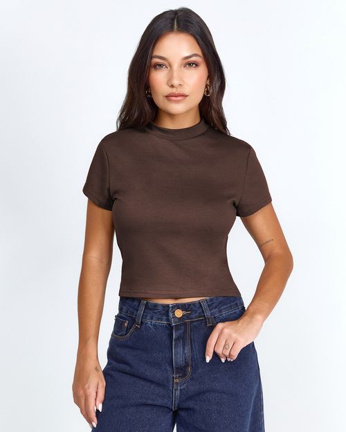 Baby Look Gola Alta Feminina Cropped Premium 90299  Marrom