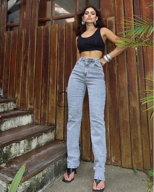 Calça Jeans Reta Feminina Cintura Alta 24994 Cinza