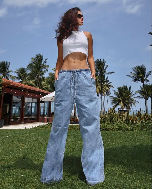 Calça Jeans Wide Leg Feminina com Elástico No Cós 25046 Sky