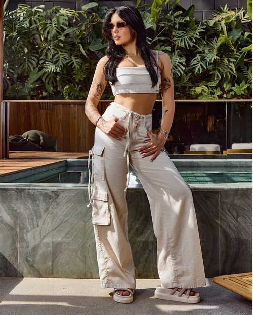 Calça Linho Wide Leg Feminina Cargo 24653 Linho