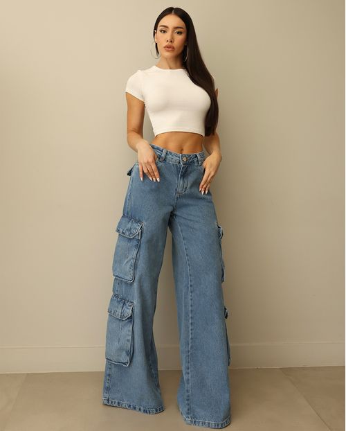 Calça Jeans Wide Leg Feminina Relaxed Cargo 24957 Sky Médio