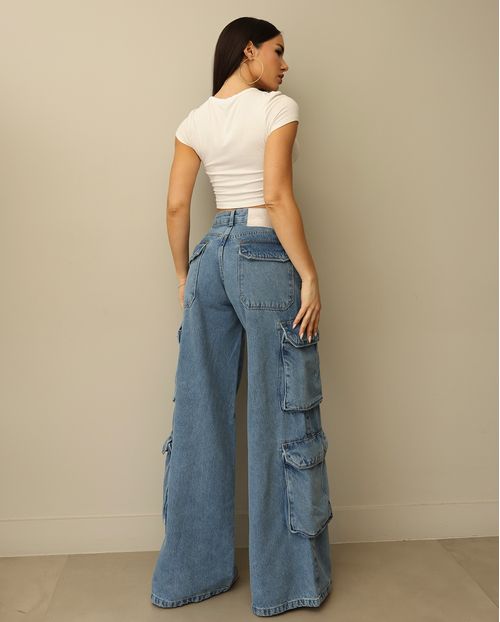 Calça Jeans Wide Leg Feminina Relaxed Cargo 24957 Sky Médio