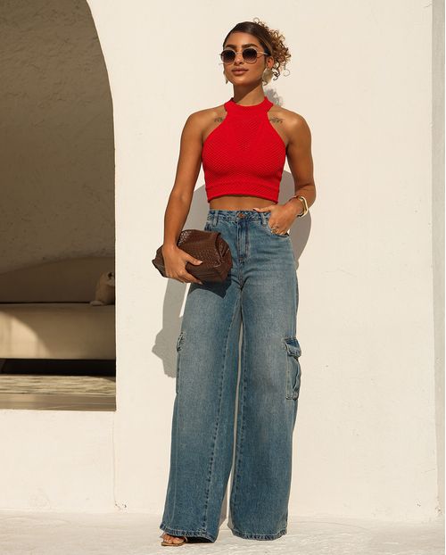 Calça Jeans Wide Leg Feminina Cargo Relaxed 24813 Sujinho