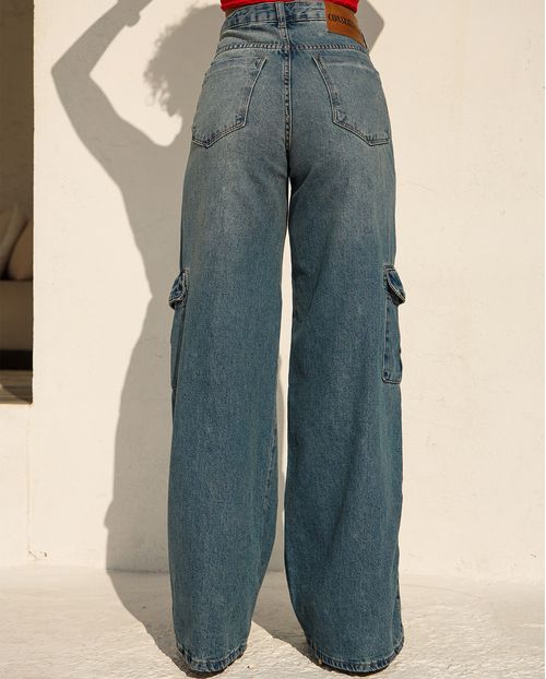Calça Jeans Wide Leg Feminina Cargo Relaxed 24813 Sujinho