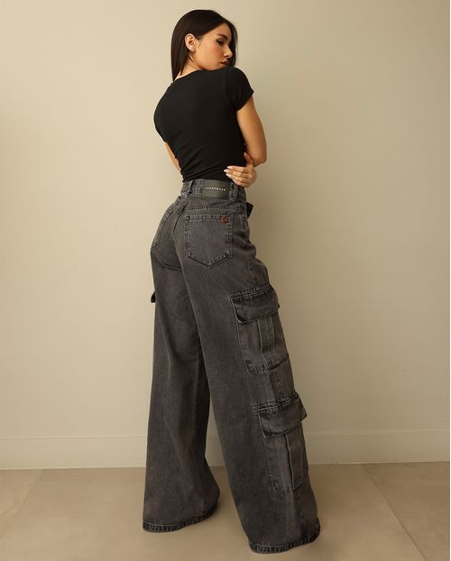 Calça Jeans Wide Leg Feminina Relaxed Cargo 24892 Vintage