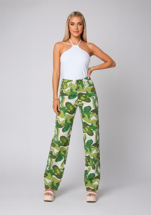 Calça Jeans Feminina Wide Leg 22414 Estampado Verde