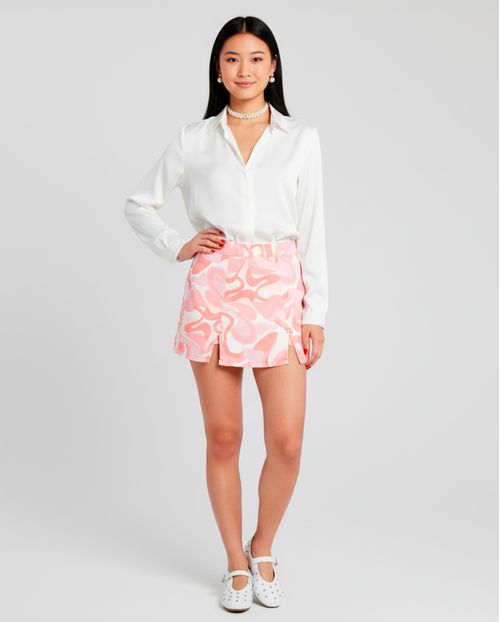 Shorts Saia  com Abertura Frontal Na Barra   22419 Estampado Rosa