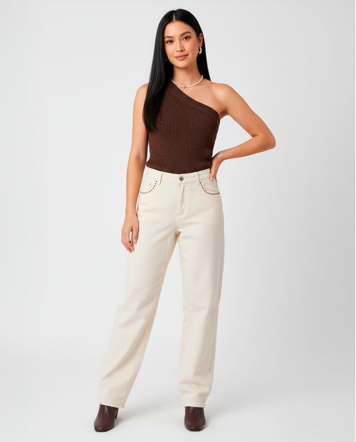 Calça Jeans Feminina Reta Cintura Alta com Aplicação Ana Castela 24320 Off White