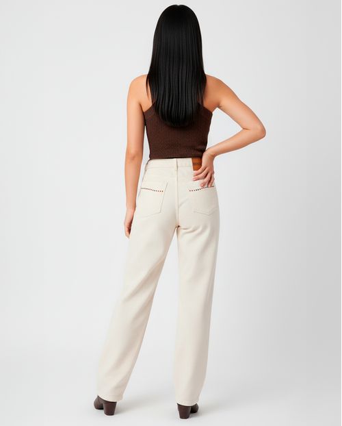 Calça Jeans Feminina Reta Cintura Alta com Aplicação Ana Castela 24320 Off White