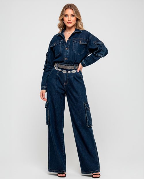 Macacão Jeans Wide Leg Feminino Cargo 24609 Escura