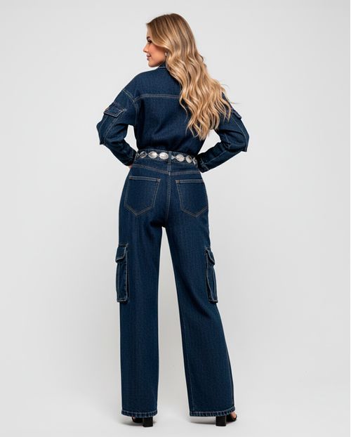 Macacão Jeans Wide Leg Feminino Cargo 24609 Escura