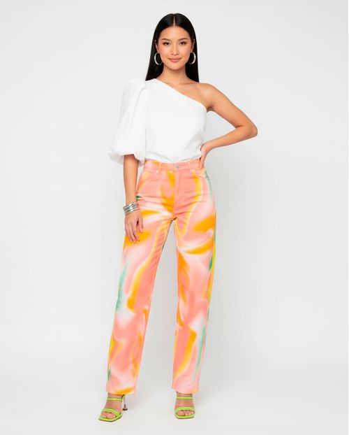 Calça Feminina Mom com Abertura Lateral Na Barra  22551 Estampado Color
